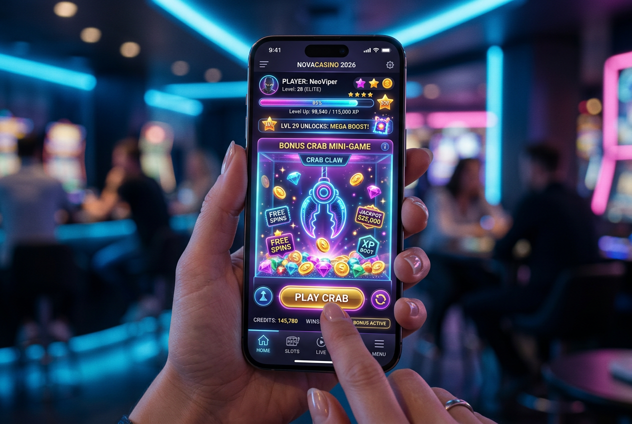 A futuristic smartphone displaying a modern casino interface with gamification elements.