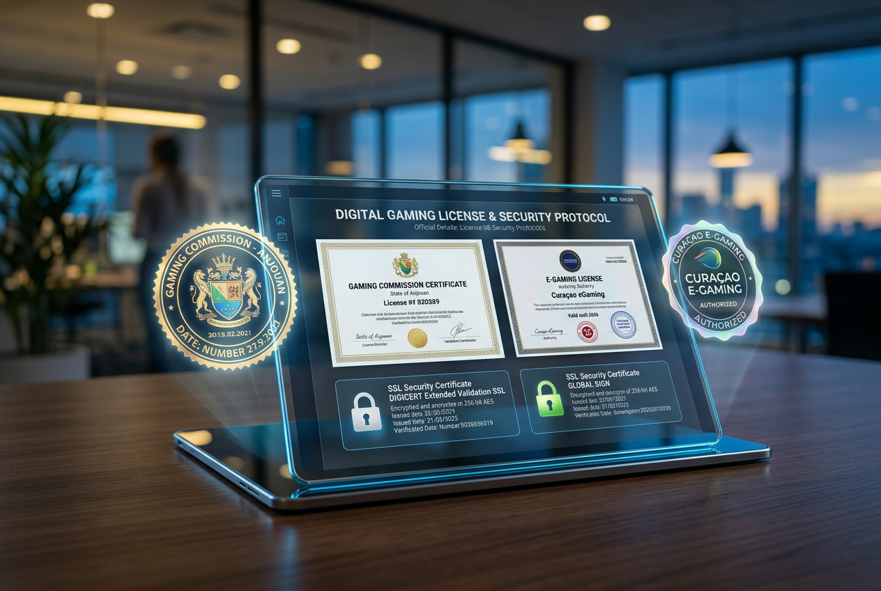 Digital representation of casino licensing and security certificates.