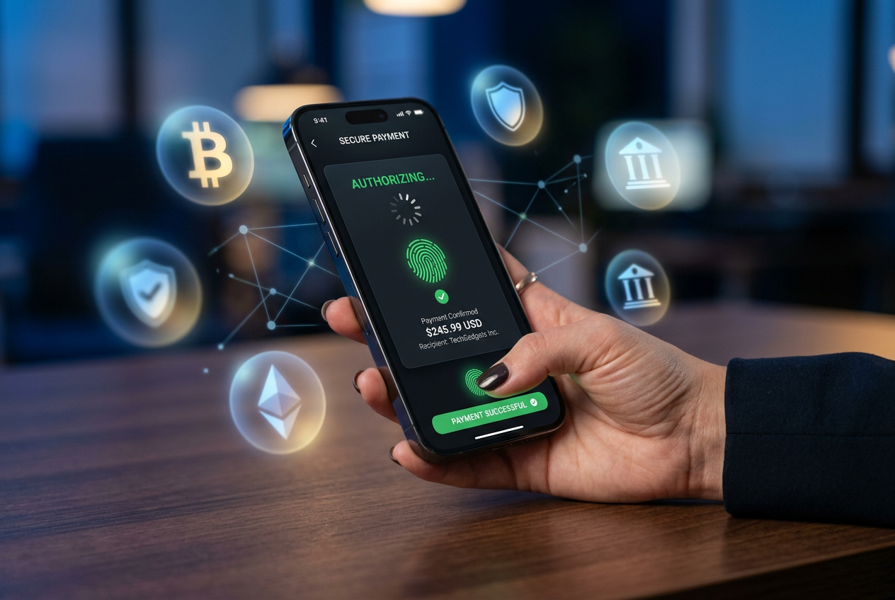 Bezpieczna płatność mobilna w kasynie online z ikonami kryptowalut i BLIK.