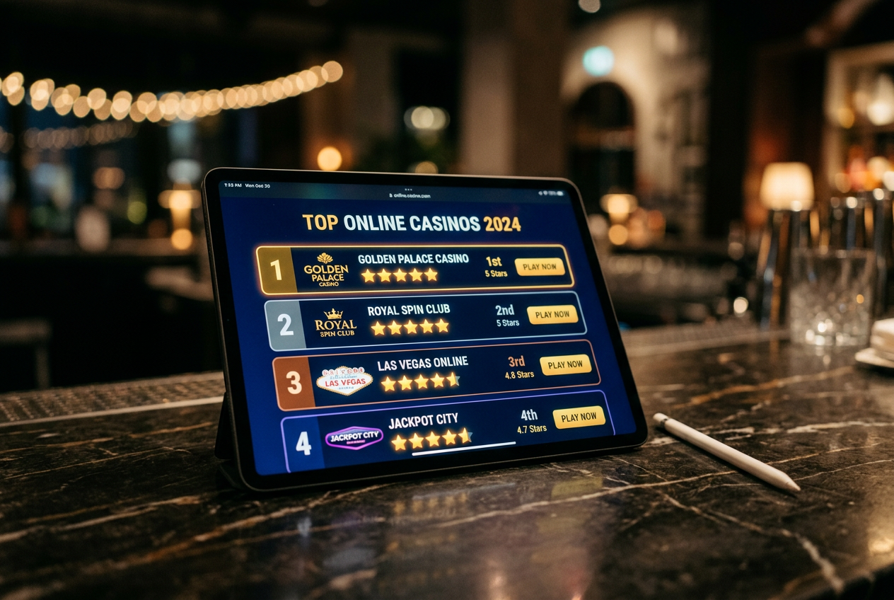High-end tablet showing casino rankings on a desk