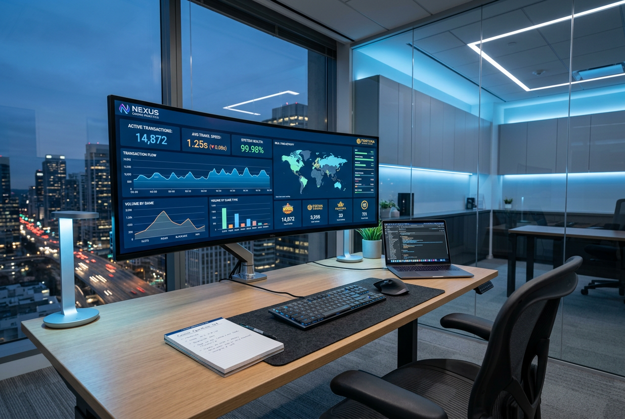 Expert workstation analyzing casino transaction speeds.