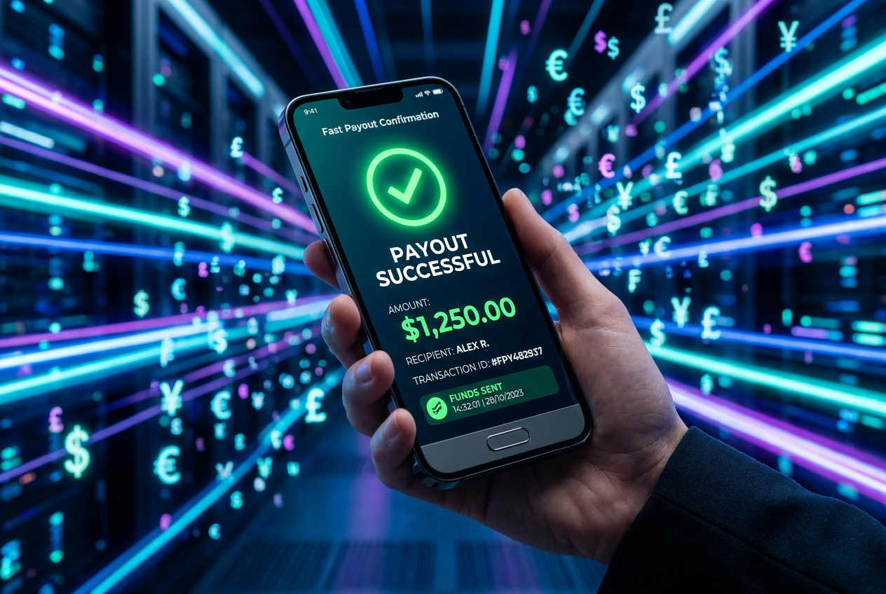 Futuristic payment interface on a smartphone.